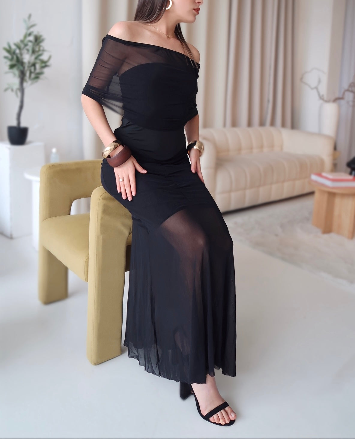 Black Sheer Mesh Evening Dress