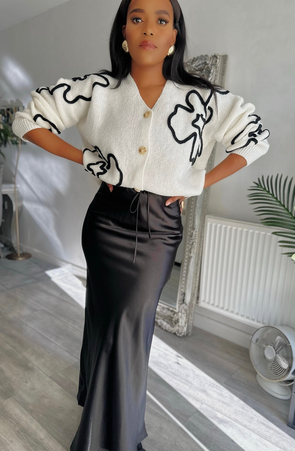 Drawstring High-waist Silk Long Skirt
