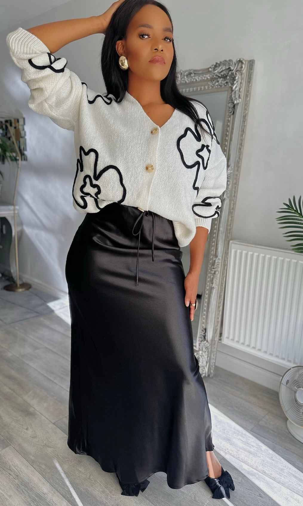 Drawstring High-waist Silk Long Skirt