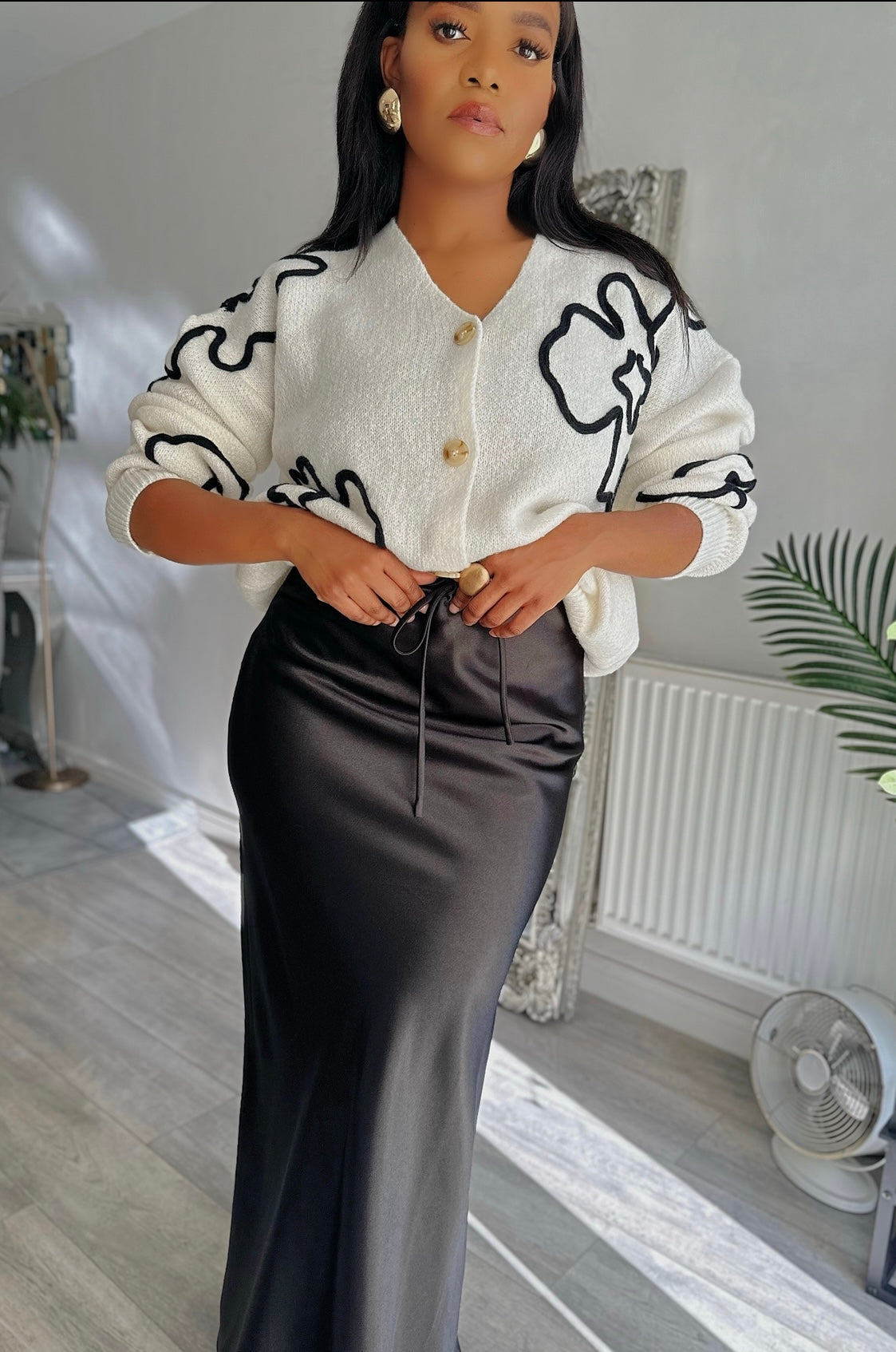 Drawstring High-waist Silk Long Skirt