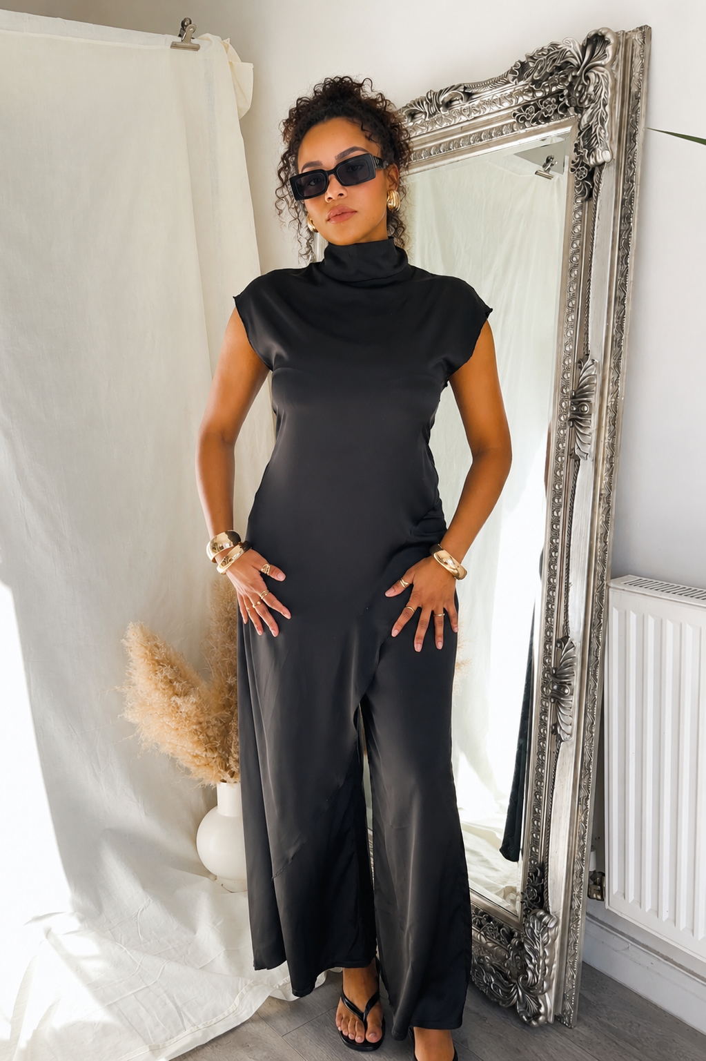 Asymmetrical Satin/Silk Blouse Half High Satin Sleeveless Top Diagonal Cut Draped Top