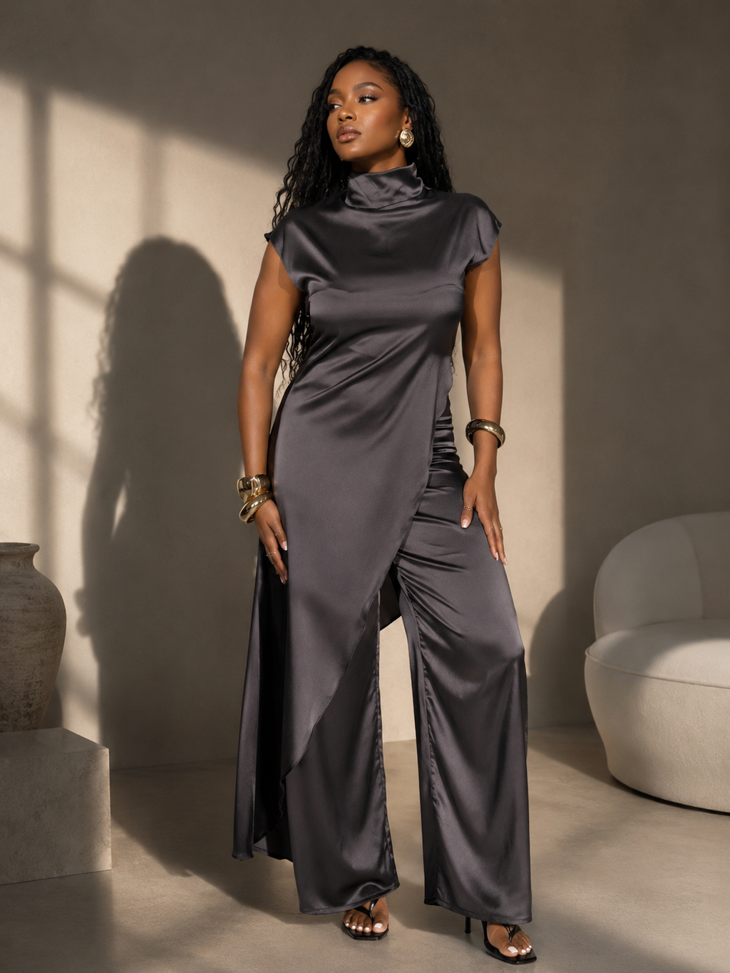 Asymmetrical Satin/Silk Blouse Half High Satin Sleeveless Top Diagonal Cut Draped Top