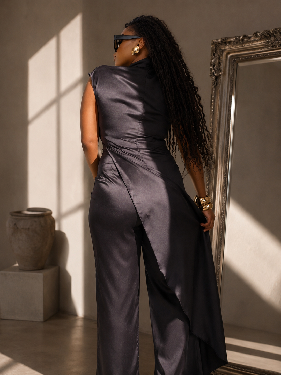 Asymmetrical Satin/Silk Blouse Half High Satin Sleeveless Top Diagonal Cut Draped Top