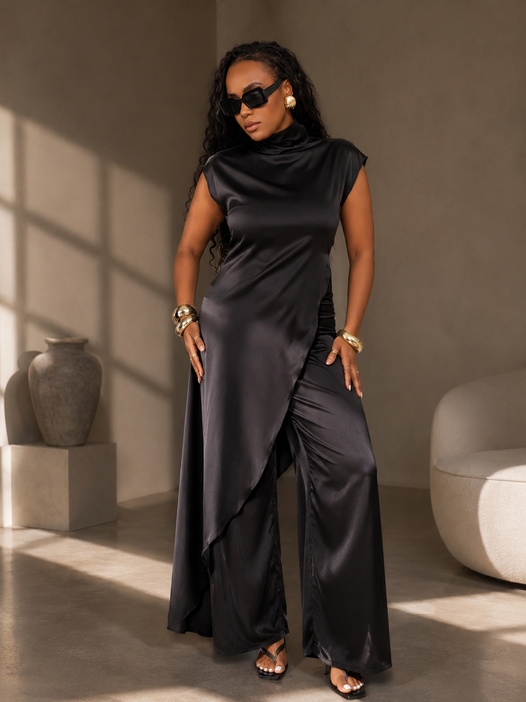 Asymmetrical Satin/Silk Blouse Half High Satin Sleeveless Top Diagonal Cut Draped Top