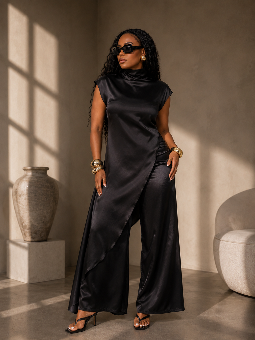 Asymmetrical Satin/Silk Blouse Half High Satin Sleeveless Top Diagonal Cut Draped Top