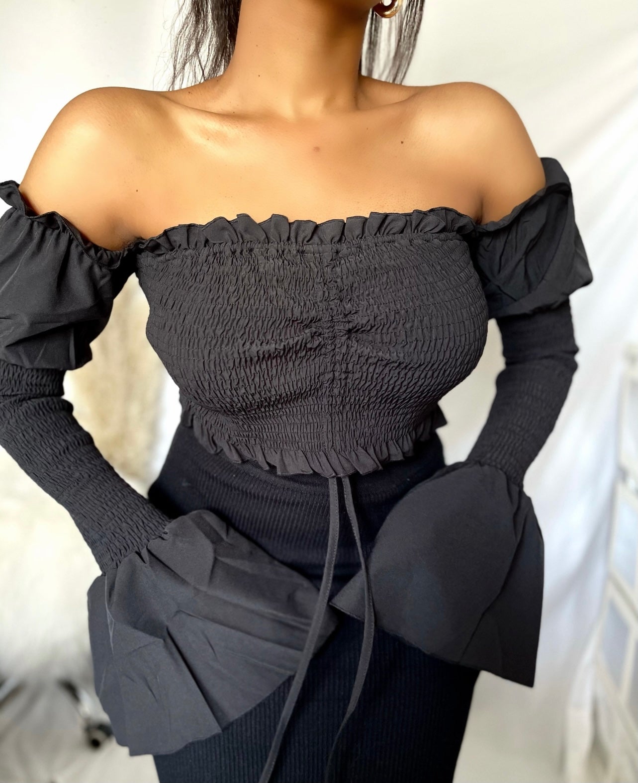 Off The Shoulder Ruched Drawstring Crop Top #BestSelling