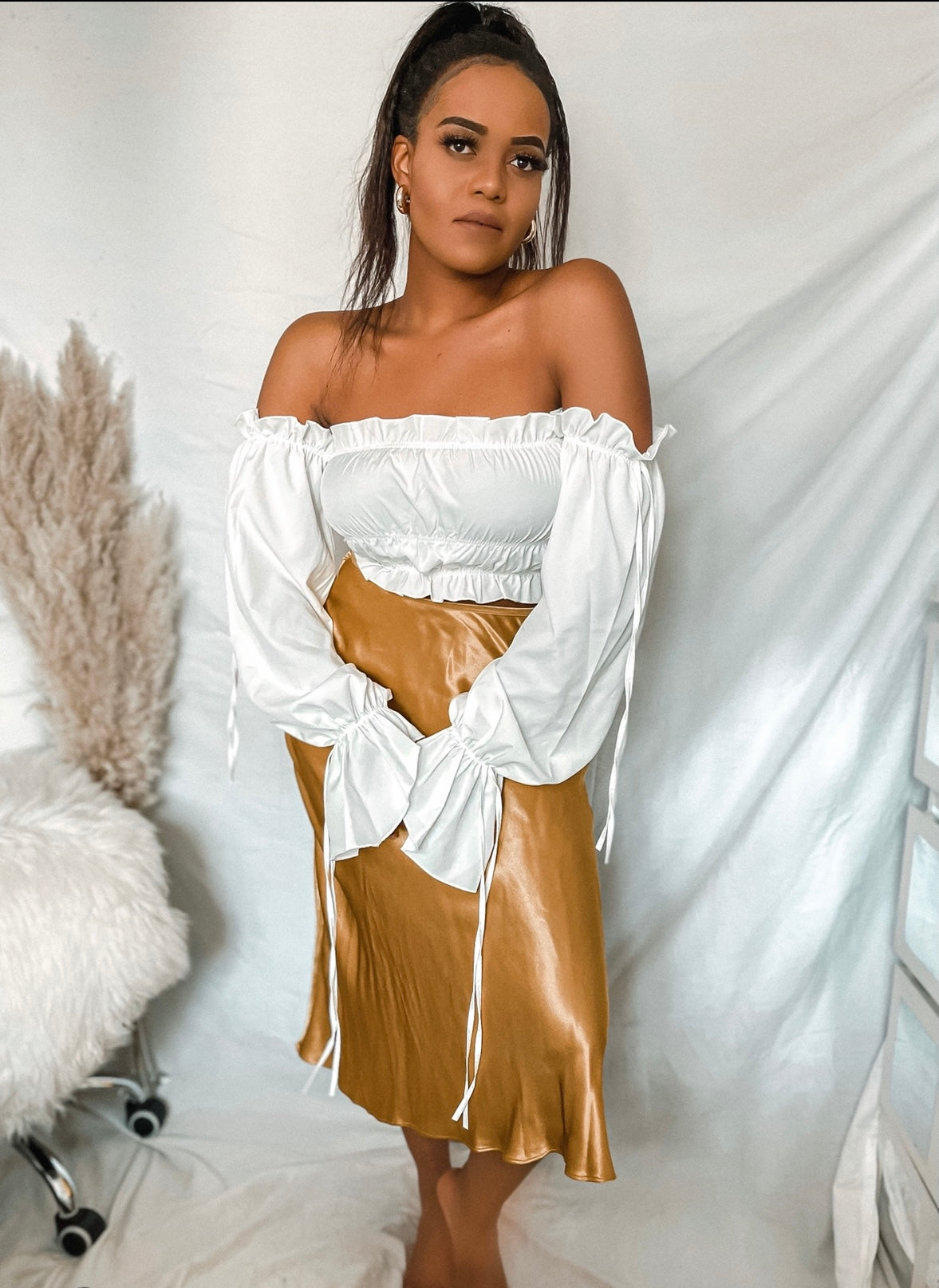 Off The Shoulder Long Sleeve Ruffle Crop Top