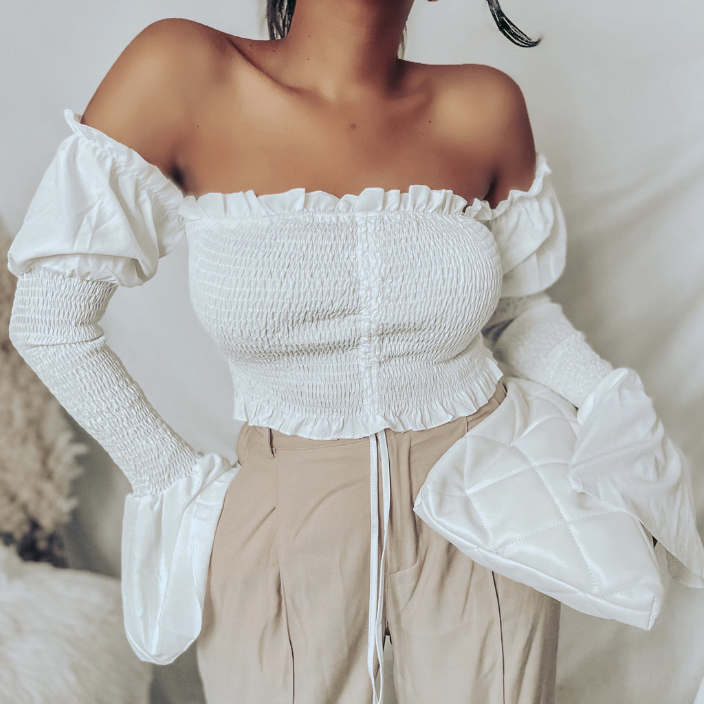 Off The shoulder drawstring Ruched Crop Top #BestSelling
