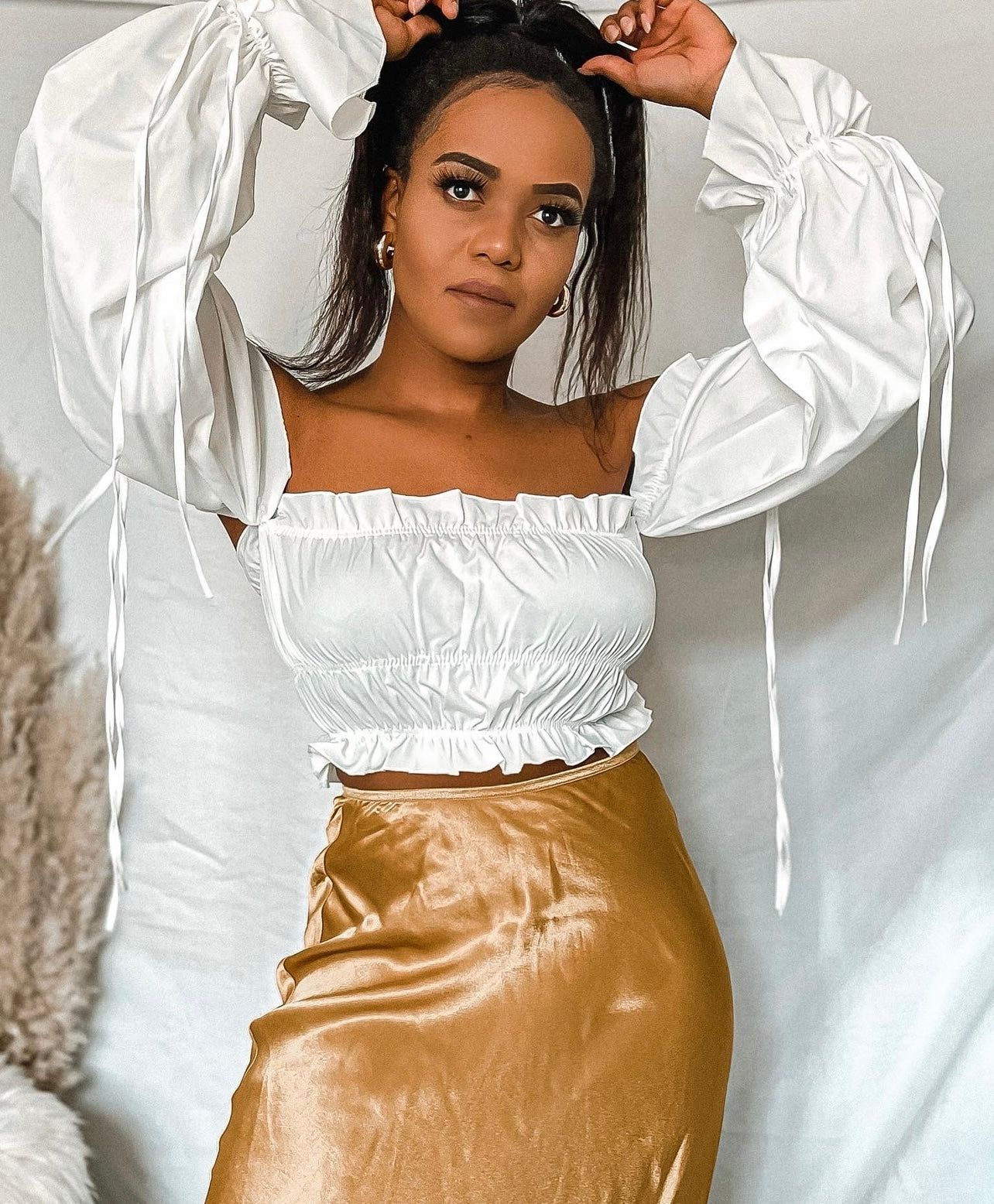 Off The Shoulder Long Sleeve Ruffle Crop Top