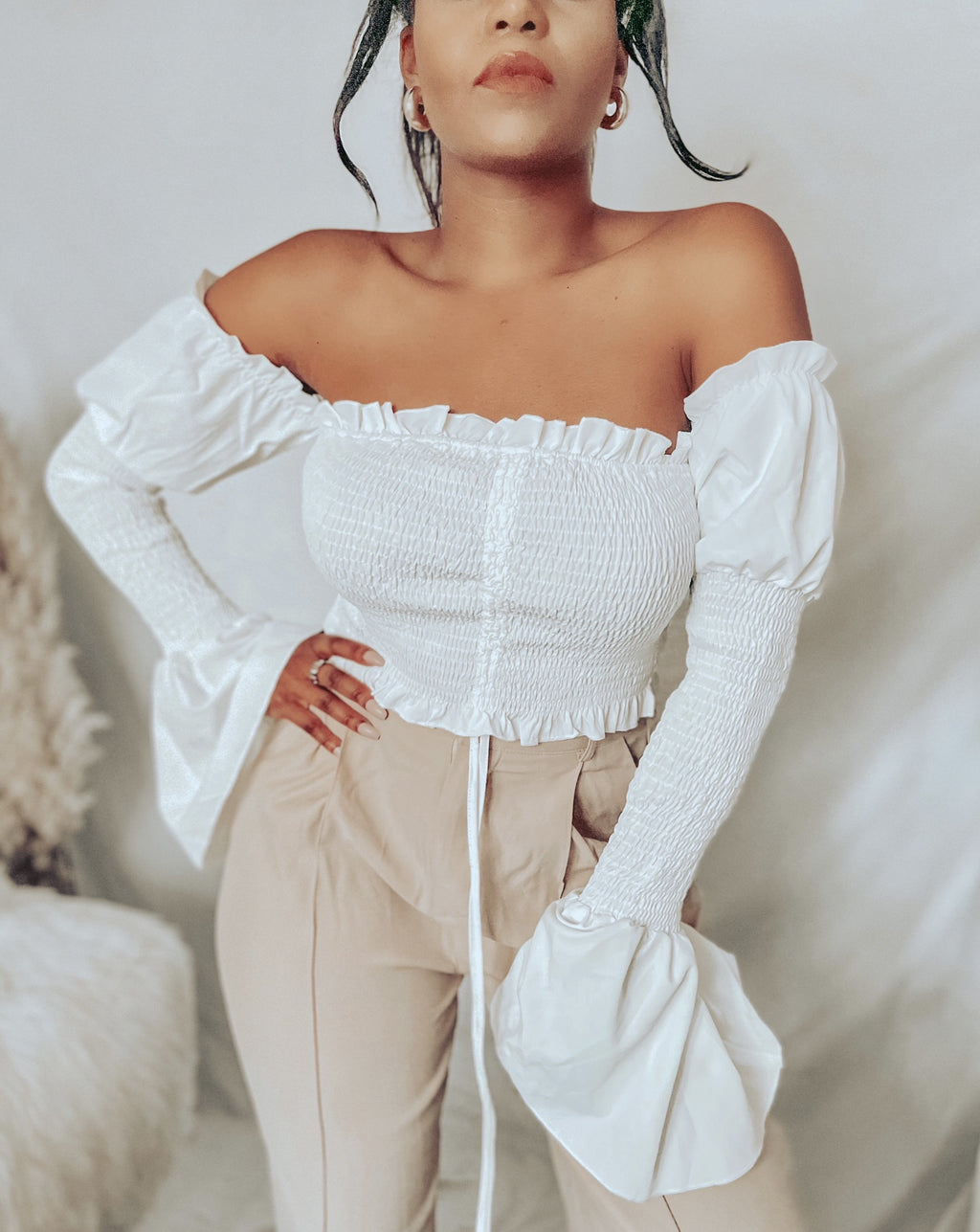 Off The shoulder drawstring Ruched Crop Top #BestSelling