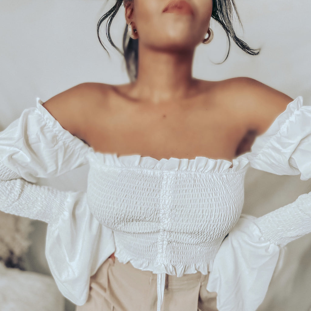 Off The shoulder drawstring Ruched Crop Top #BestSelling